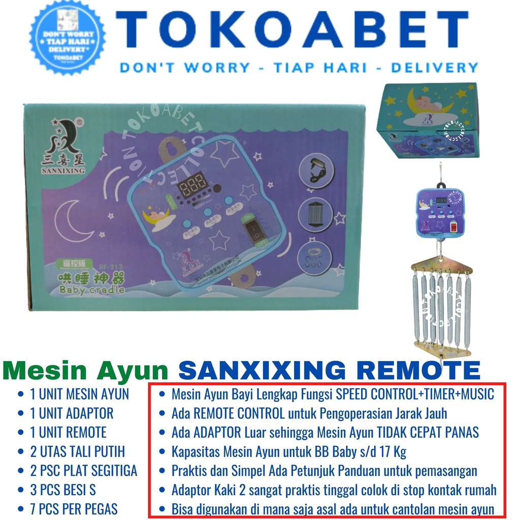 Ayunan bayi elektrik SANXIXING lengkap REMOTE CONTROL dengan MUSIC TIMER SPEED CONTROL Murah dengan Per 7 dan Adaptor bisa sebagai Perlengkapan Tidur Baby sesuai Kebutuhan Bayi Lahir TOKOABET