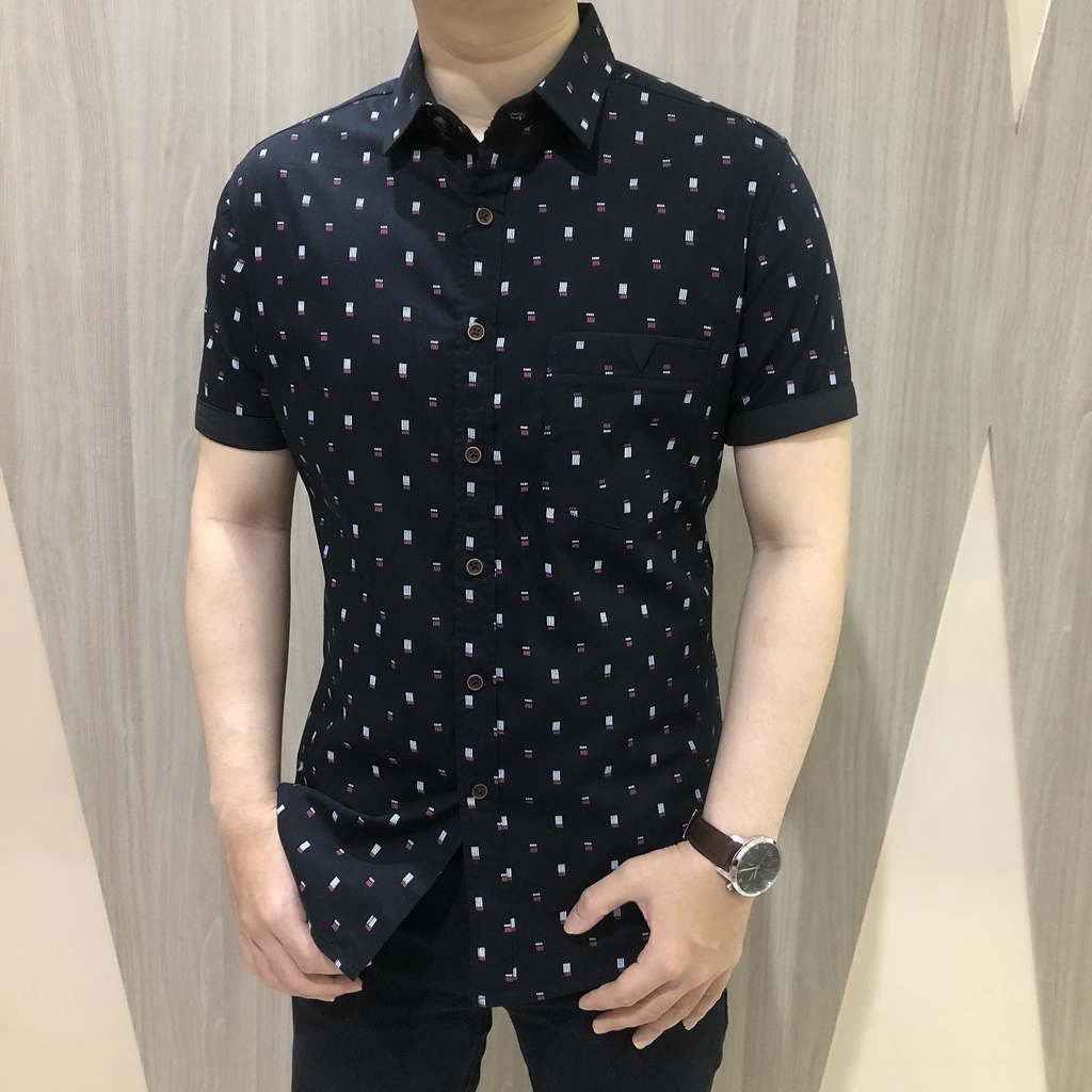 [GRIDLINE - S292 Navy Blue &amp; Jet Black - S180 Black] Kemeja Print Slimfit Pria Katun Lengan Pendek Casual M-XXL