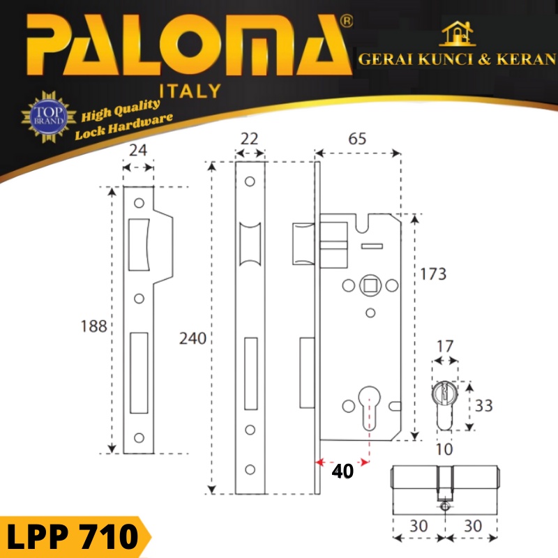 Kunci Set PALOMA LPP 710 Handle Mortise Cylinder Lock Gagang Pintu