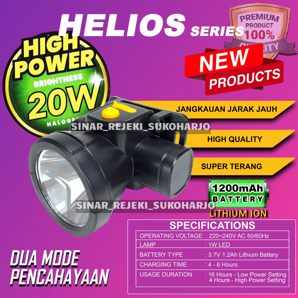 Meval Senter Cas Kepala Lithium Sorot Jarak Jauh HeadLamp Helios 40 Watt 20 Watt Head Lamp Charge Baterai Isi Ulang