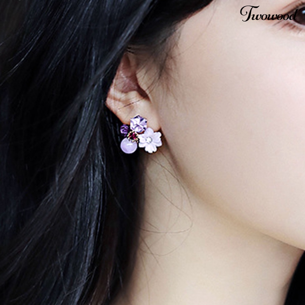 Twowood 1 Pair Exquisite Charming Women Earrings Gift Rhinestone Purple Flower Stud Earrings Jewelry Accessory