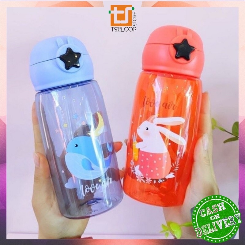 Botol Air Minum 520ML Tombol Bintang / Botol Minum Anak Lucu Motif Karakter Imut dengan Sedotan BPA FREE