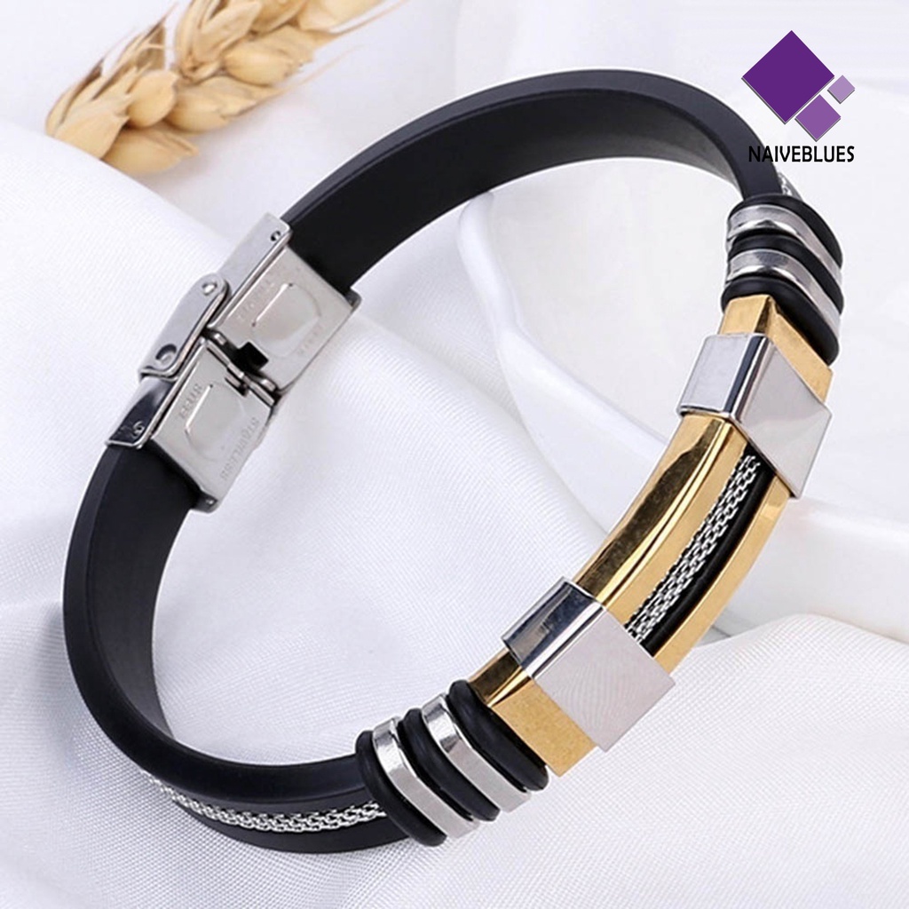 Naiveblue &gt; Gelang Bangle Kawat Stainless Steel + Silikon Lebar Untuk Wanita