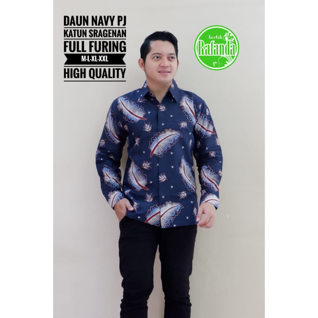 DAUN NAVY RAFANDA BATIKSOLOAMANAH BAJU KEMEJA BATIK SOLO PRIA LENGAN PANJANG PENDEK LAPIS FURING ATASAN BATIK PREMIUM MODERN KATUN HALUS MAHKOTA BUNGA SATRIO SAE PRAKARYA NAGA BIRU BRAHMANA BIRU PROBOSETO ARESHA MAHKOTA PITA WAYANG PENDEK SEKAR LAWASAN