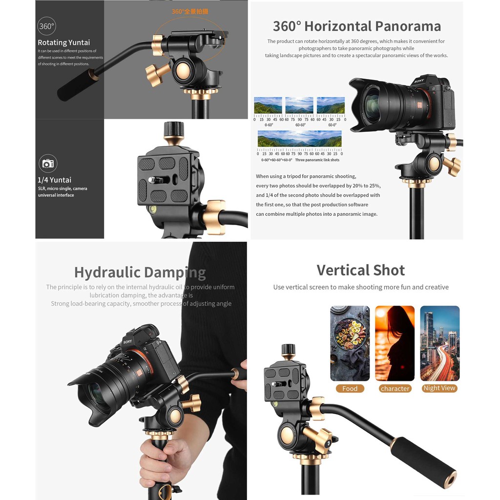 BallHead 3 way Fluid Video Tripod PAN TILT Rocker Arm Handle BEIKE QZSD Q08S DSLR Camera