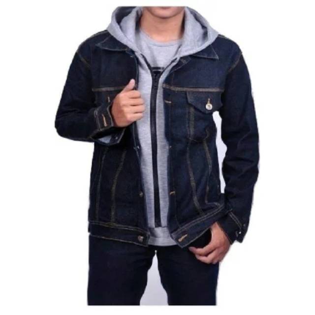 Jaket Jeans Hoodie  Ariel Double Sleeting Kombinasi Abu - Biru Dongker Hoodie Abu