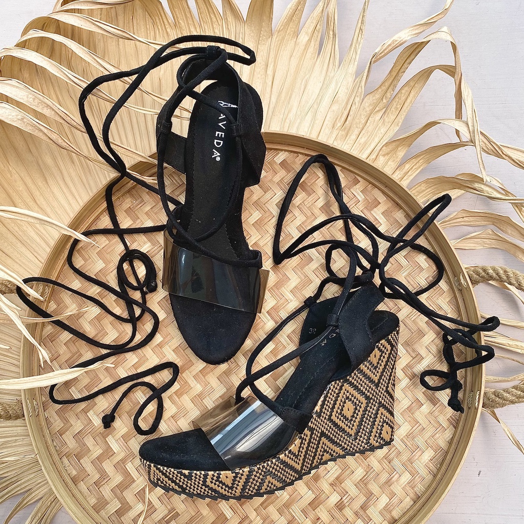 Black Wedges Gladiator Sandal Sepatu Kasual Wanita Heels 9cm AVEDA FL4486 SIZE 38