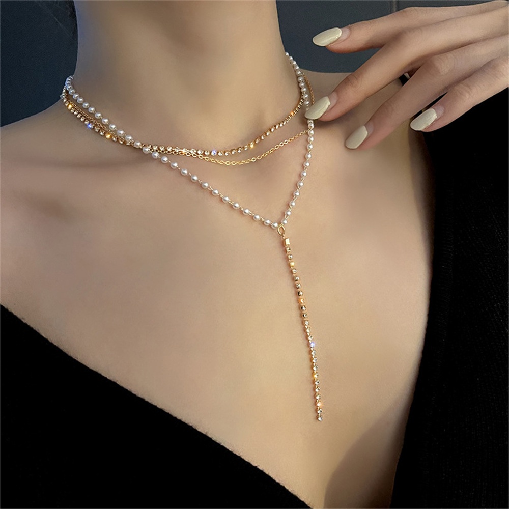 【COD Tangding】Kalung Rantai Klavikula Multi layer Bentuk Y Aksen Mutiara Berlian Gaya Korea Untuk Wanita