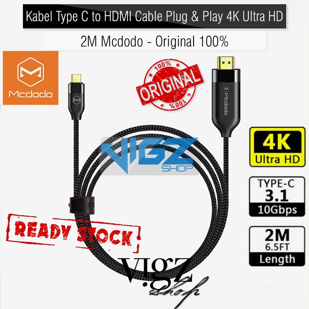 Kabel Type C to HDMI Cable Plug &amp; Play 4K 2M Mcdodo Original CA-588