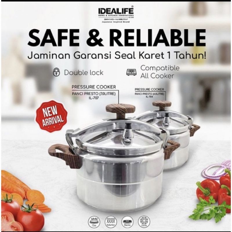 Idealife IL-704 Panci Presto 4 Liter, IL 704 Panci Kukus Daging, Panci Tutup, Pressure Cooker 4 Ltr