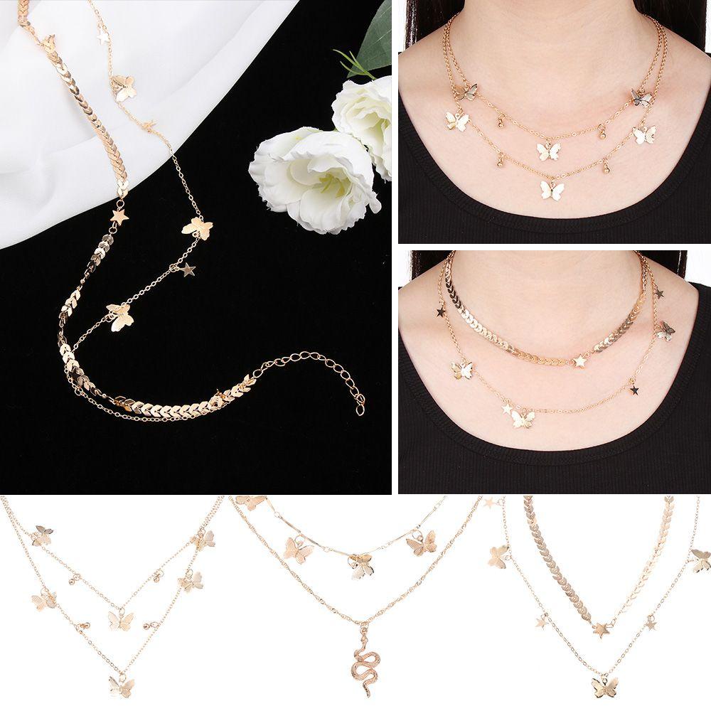 R-flower Multilayer Necklace Trendy Heart Butterfly Rantai Ular