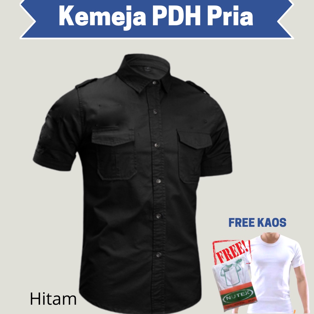 FREE KAOS OBLONG - Baju Kemeja PDH Hitam Polos Pria Lengan Pendek - Baju Kerja Pria Katun Drill Lapa