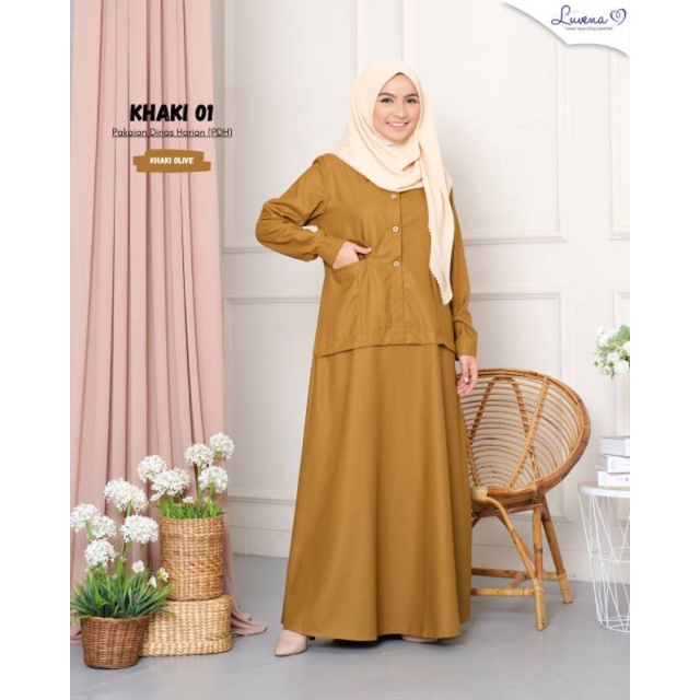 Pakaian Dinas Harian (PDH) by Luvena - Gamis Kerja Bahan Katun Toyobo Warna Khaki Olive Kode 01
