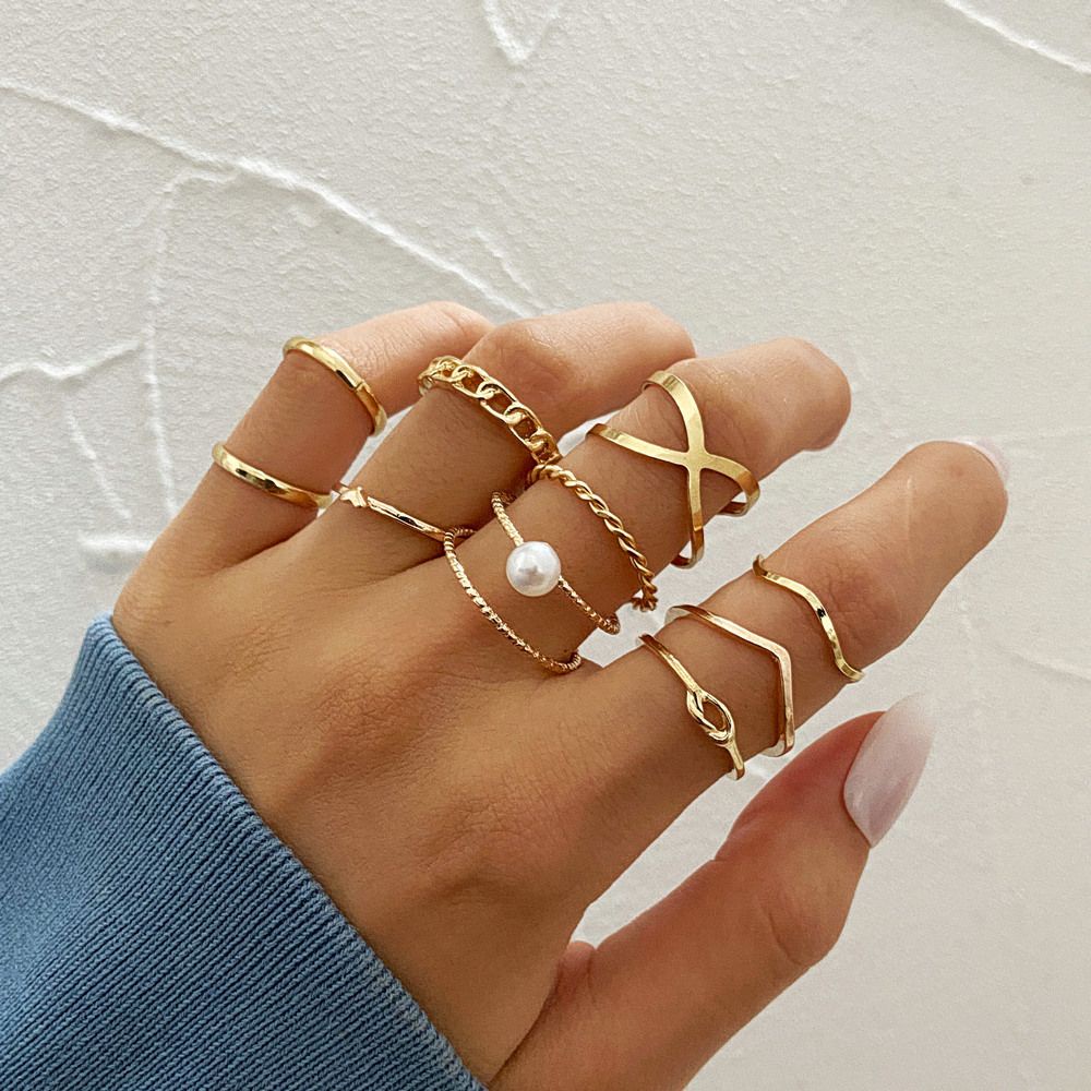 ROW 10pcs Female Jewelry Finger Rings Fashion Wide Chain Rings Set Gift Party Punk Women Girls Irregular Vintage Pearl