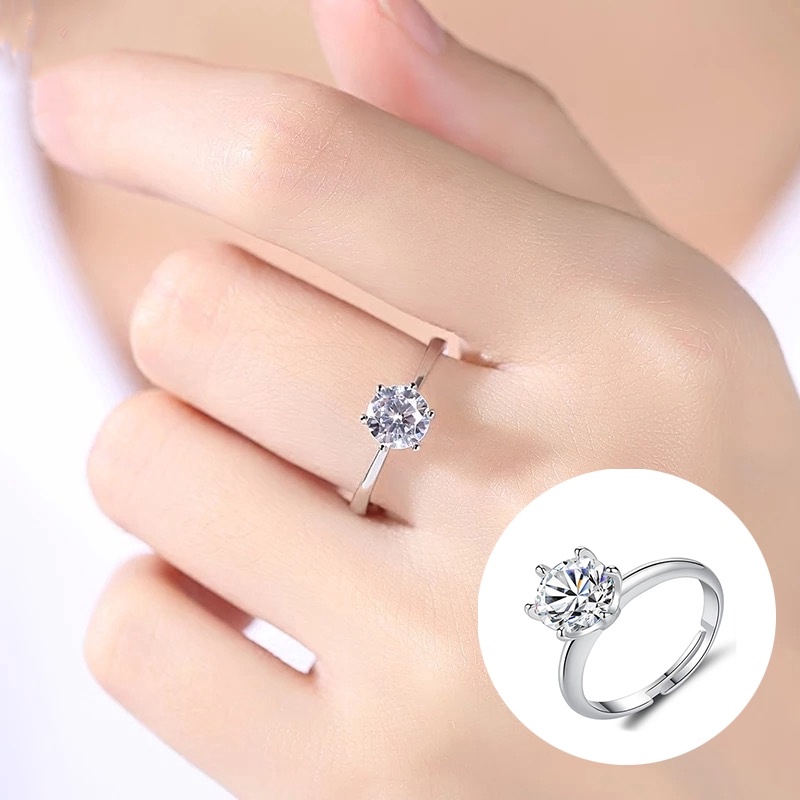 1pc Cincin Berlian Solitaire Bentuk Bulat Gaya Klasik Untuk Wanita