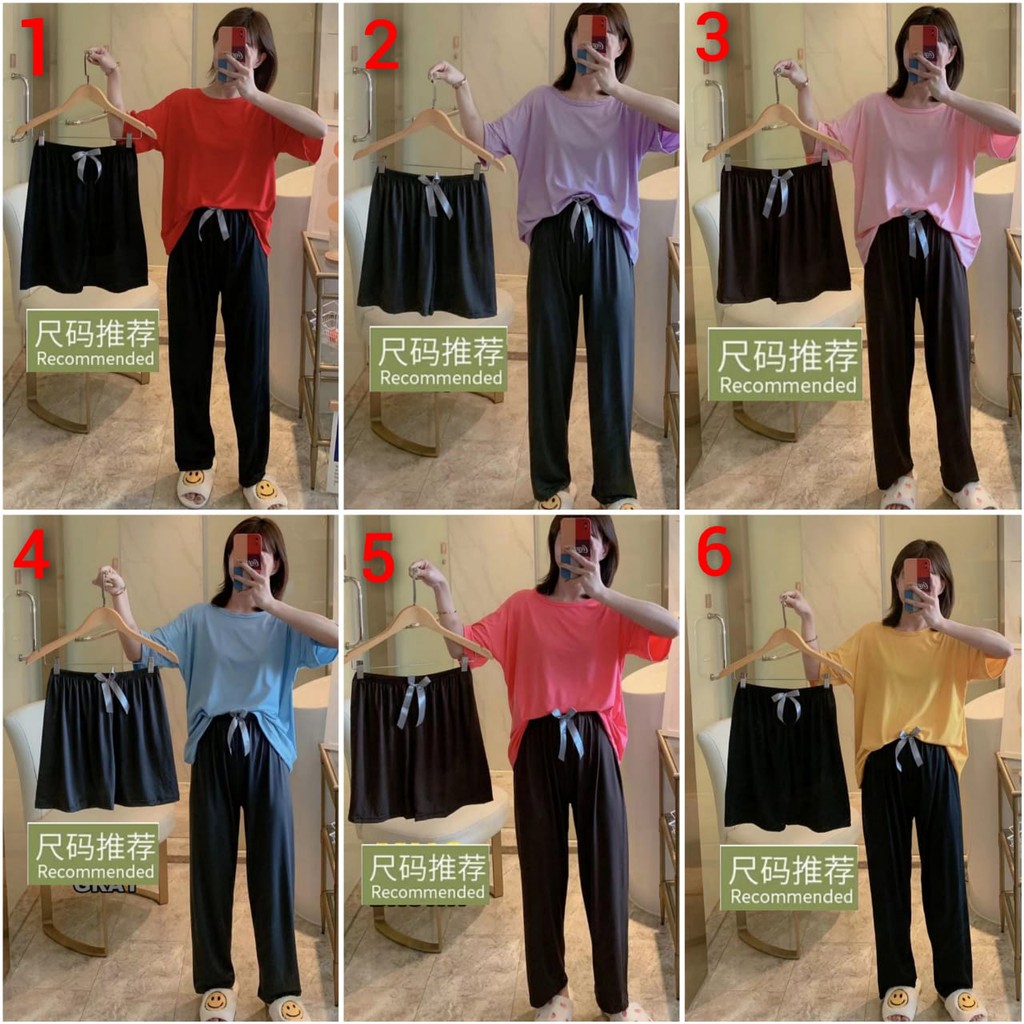 BAJU TIDUR PIYAMA WANITA CP SPANDEX IMPORT BERKUALITAS 3IN1 MOTIF KAOS LENGAN PENDEK SETELAN CELANA PANJANG DAN CELANA PENDEK HOTPANTS MOTIF POLOS WARNA GELAP ALLSIZE FIT TO 85KG TERBARU