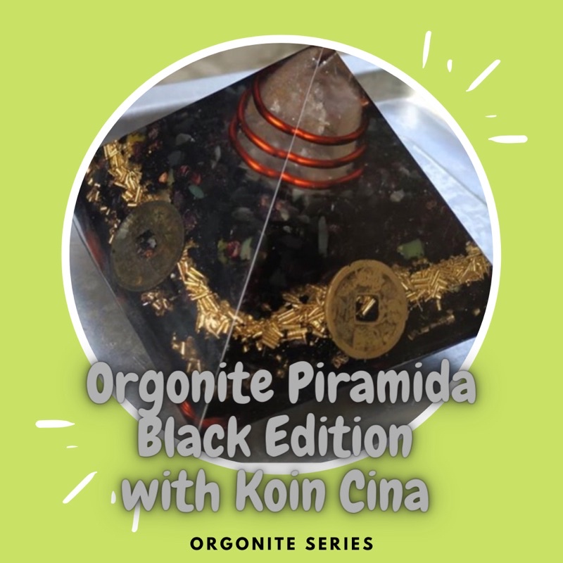 Orgonite Piramida Black Edition with Koin Cina Kuno