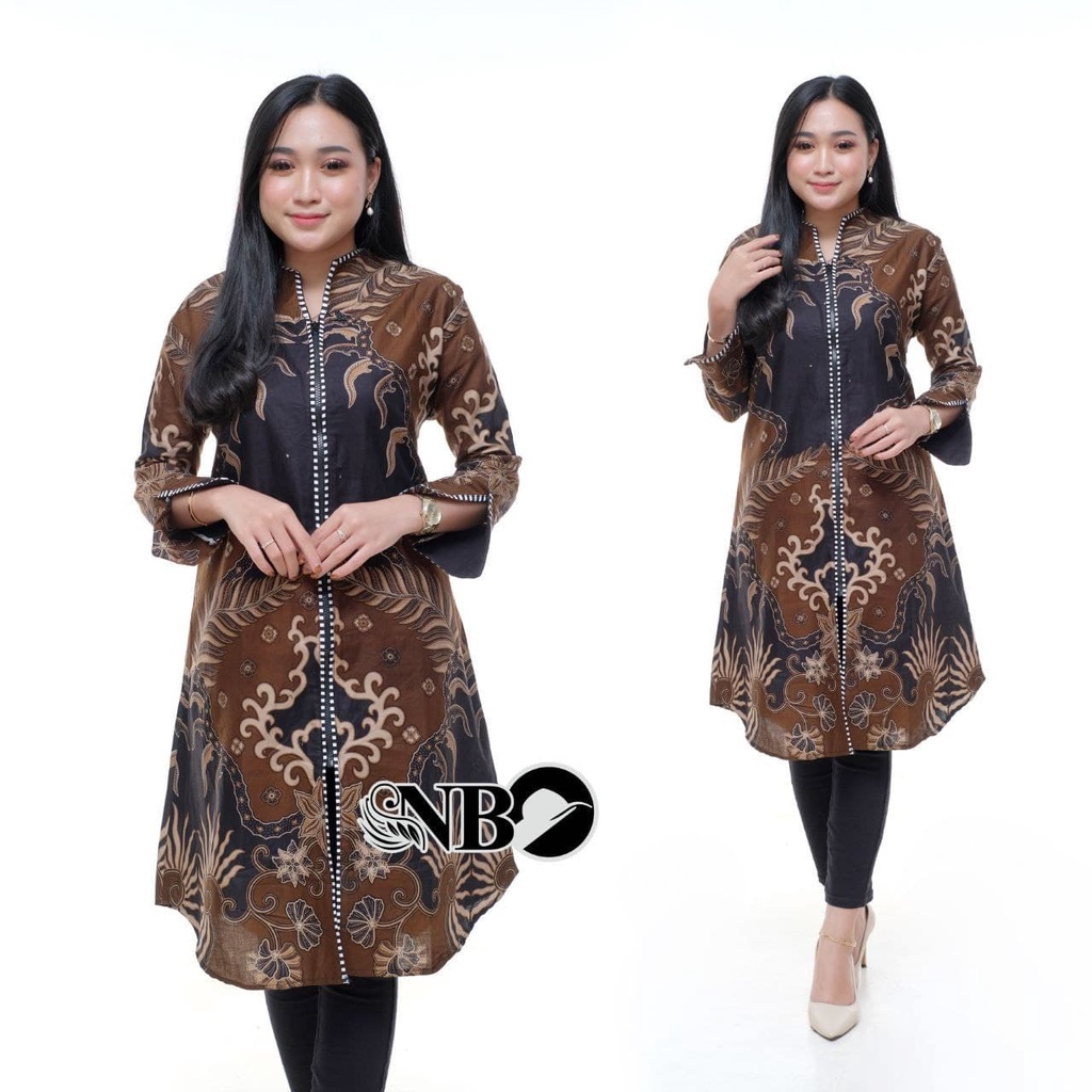 Atasan Batik Wanita Lengan Panjang BATIK BERKAH HRB026 motif KERATONAN Kode 002 size M L XL XXL Reguler-TUNIK COKLAT