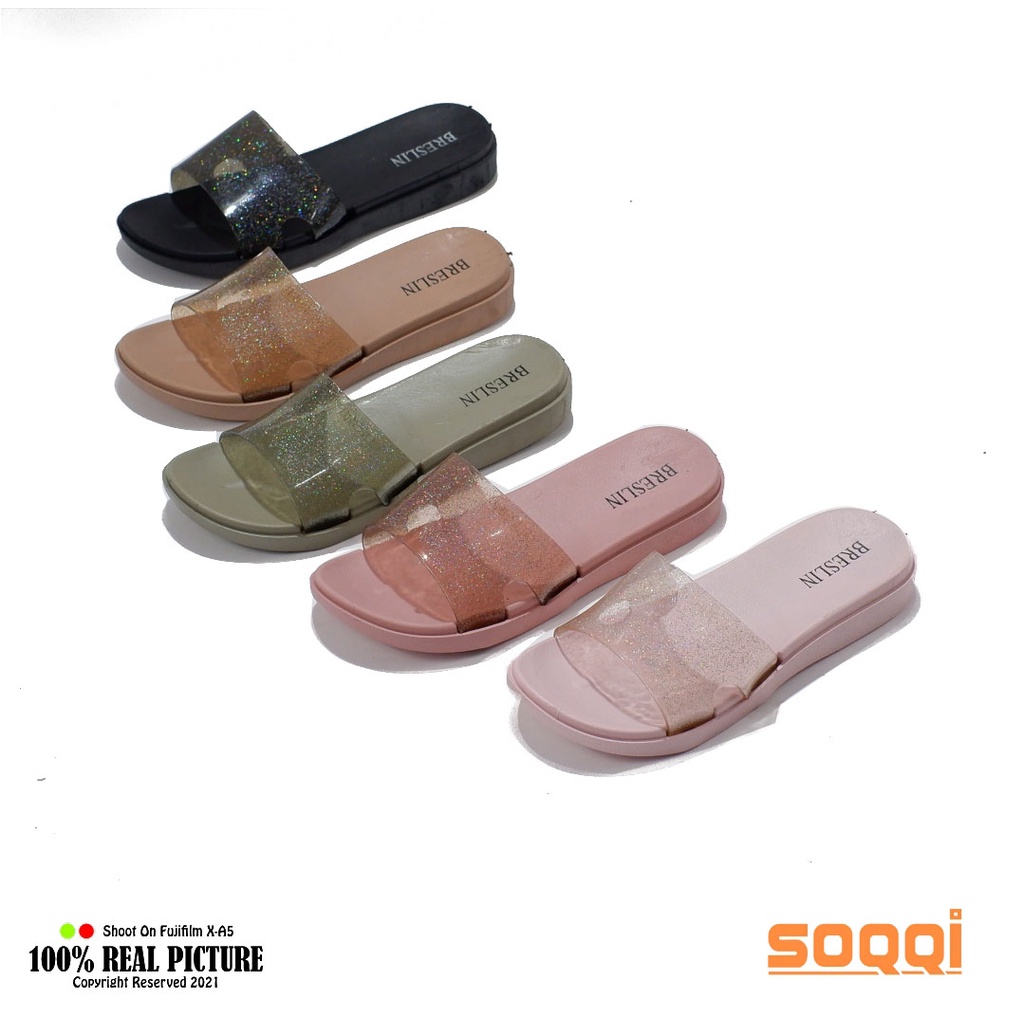 Sendal selop jelly karet wanita import korea original sandal slop jely cewek perempuan dewasa model slip on flat ibu2 branded Soqqi-Brln 1893 2B kekinian terbaru promo murah lebaran cod keren 37-41