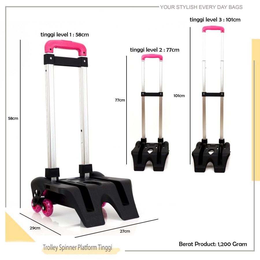Trolley Wheel Roda 3 Platform Tinggi Pink Spinner Troli Trolly Troly Troley Lipat Portable Serbaguna