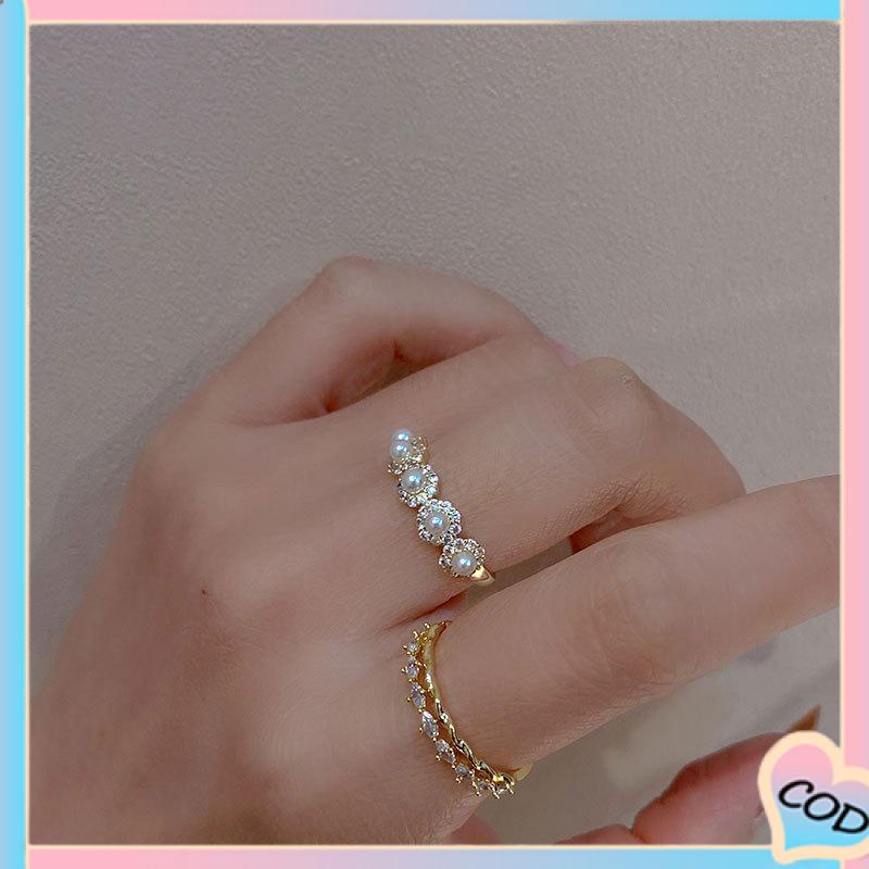 COD❤️Double-layer Retro Pearl Diamond Ring Niche Light Desain Mewah Cincin Dapat Disesuaikan Terbuka-A.one