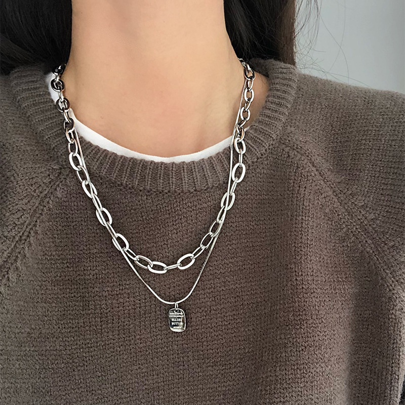 Kalung Model Double Layer Bentuk Persegi Motif Tulisan | Aksesoris Wanita | Kalung Rantai Dengan Liontin Bunga Untuk Wanita | Kalung Bahan Stainless Steel | Kotak Hadiah Untuk Souvenir