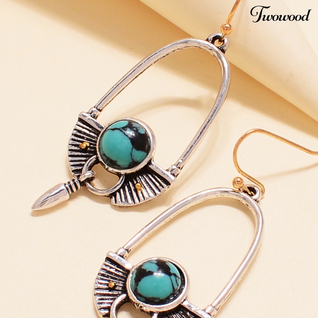 1 Pasang Anting Hook Panjang Bentuk Bulat Turquoise Gaya Bohemia Untuk Hadiah