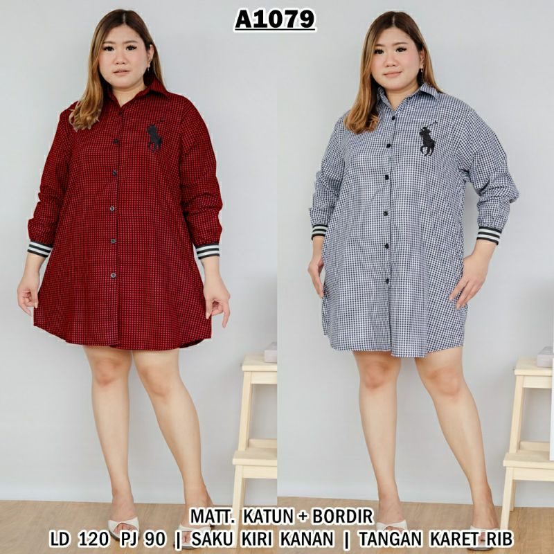 Tunik Kotak Jumbo LD 120 Lengan Panjang Midi Dress Wanita Big Size XXL Busui Katun Bordir