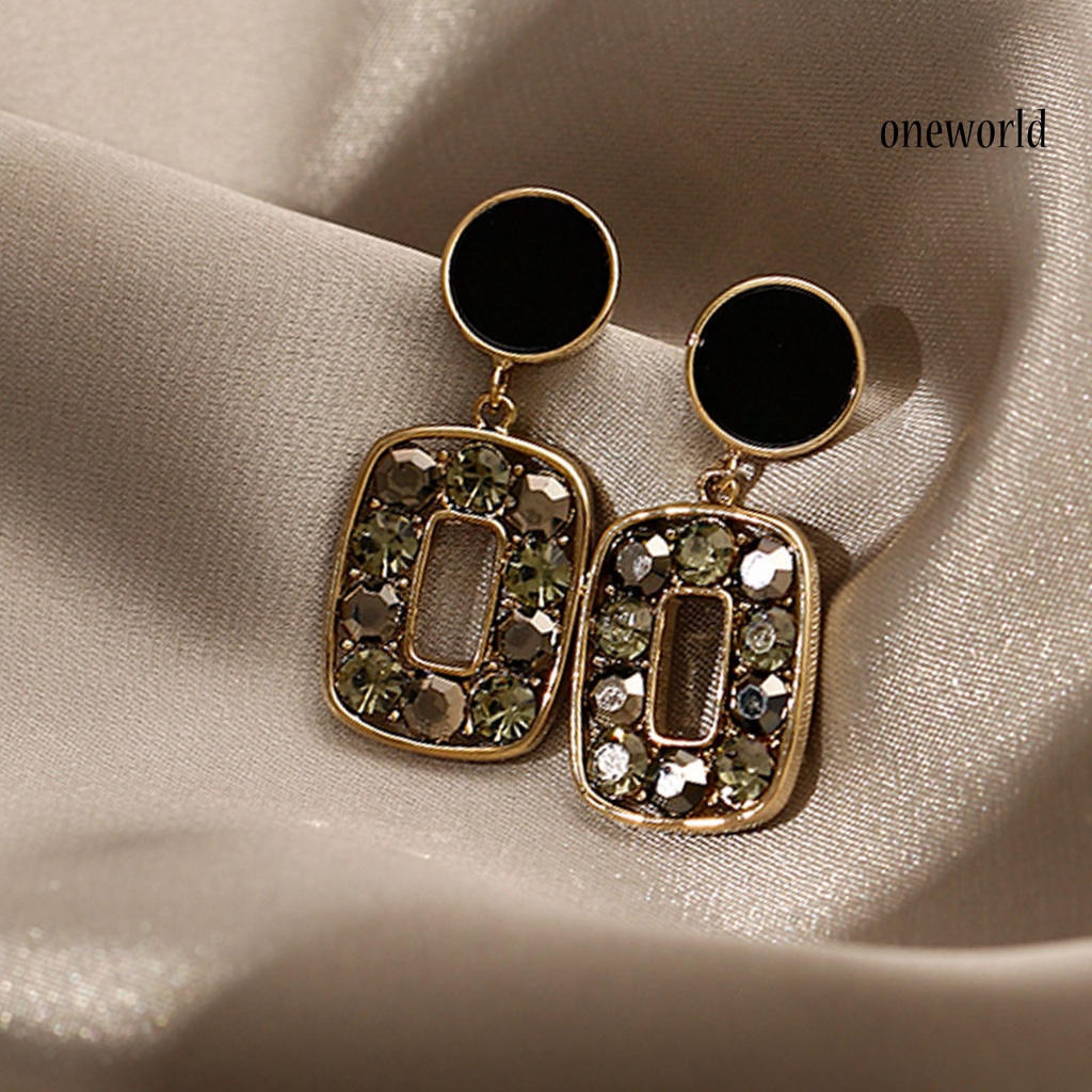 OW# 1 Pair Square Unique Drop Ear Stud Geometric-shaped Eye-catching Rhinestone Stud Earrings for Holiday