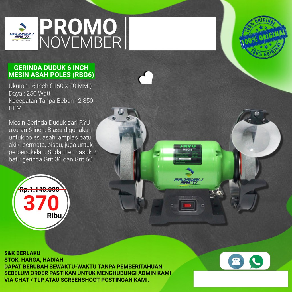 Mesin Gerinda Duduk 6 Inch / RYU RBG 6 / Gurinda Duduk / Bench Grinder
