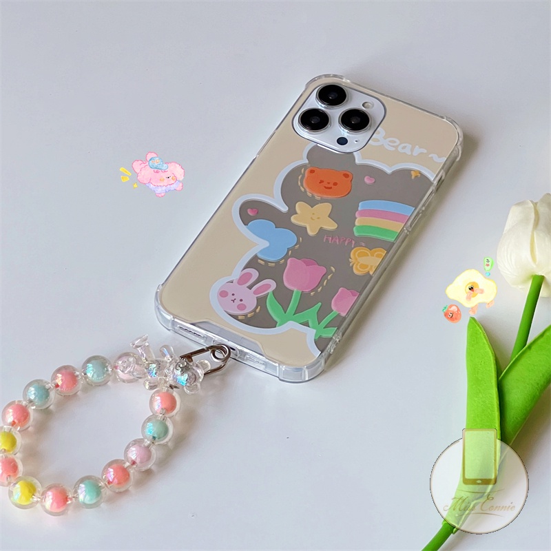 Casing Soft Case Motif Beruang 3D + Cermin Makeup + Gelang Mutiara Untuk iPhone 7 8 14 Plus 11 12 13 14 Pro Max XR X XS Max