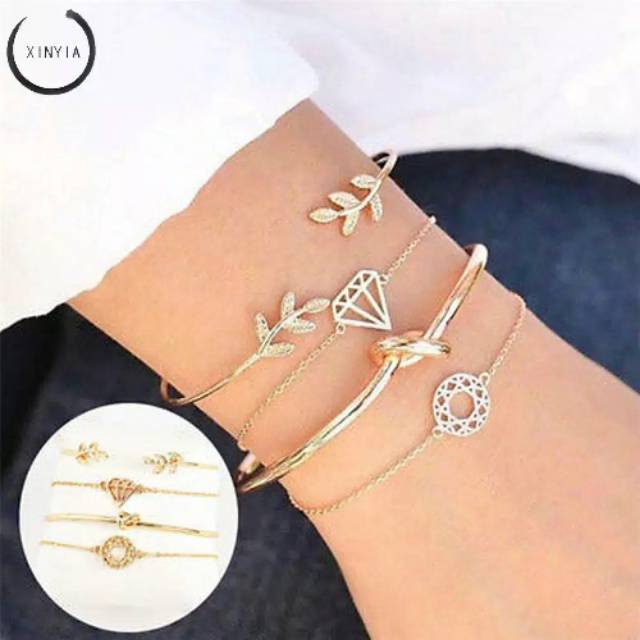 4pcs Gelang wanita Model vintage motif daun berlian hollow