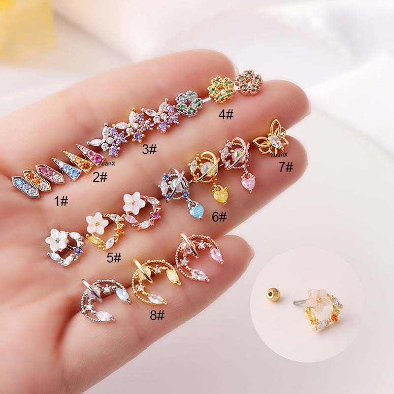 1pc Anting Stud Tindik Tulang Rawan Helix Sekrup Belakang Warna-Warni Bahan Stainless Steel Untuk Wanita