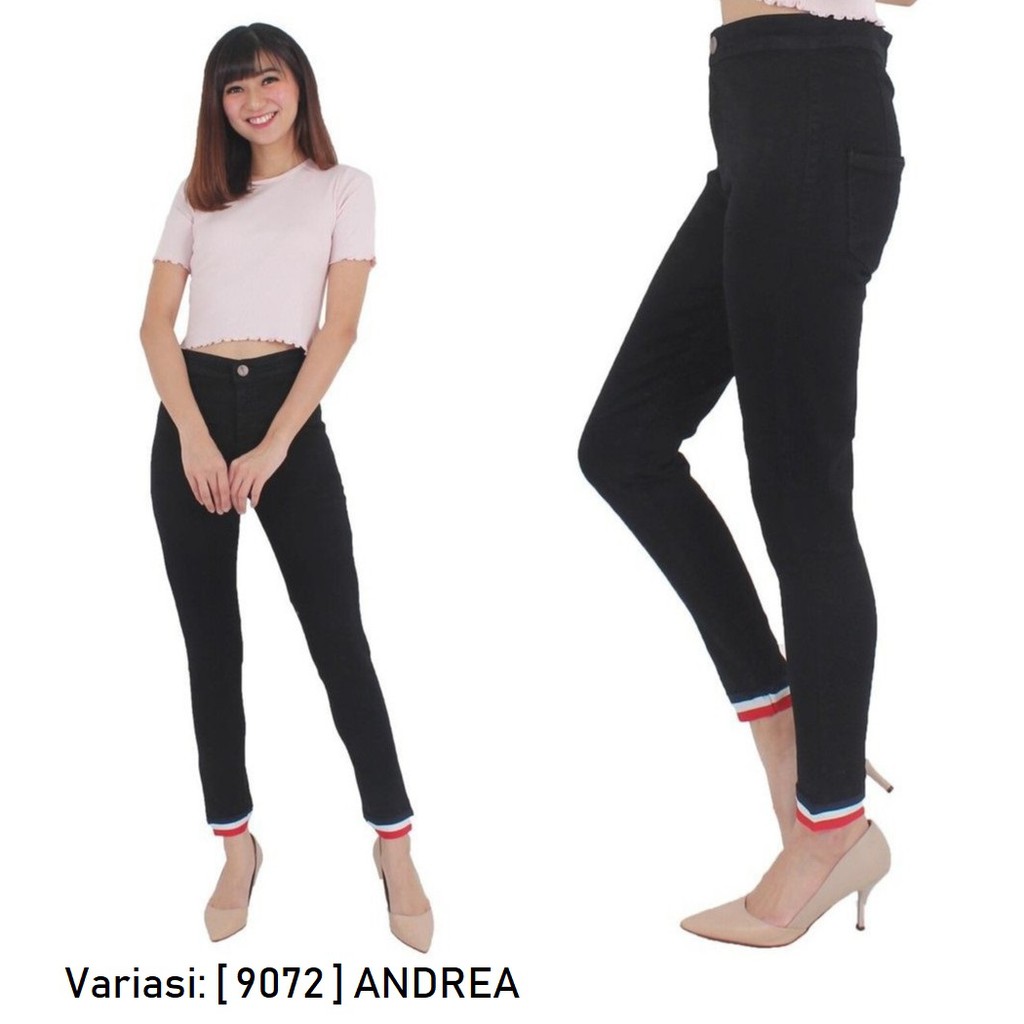 HOPYLOVY SALE - Celana Jeans Stretch Highwaist Wanita List Kaki Karet