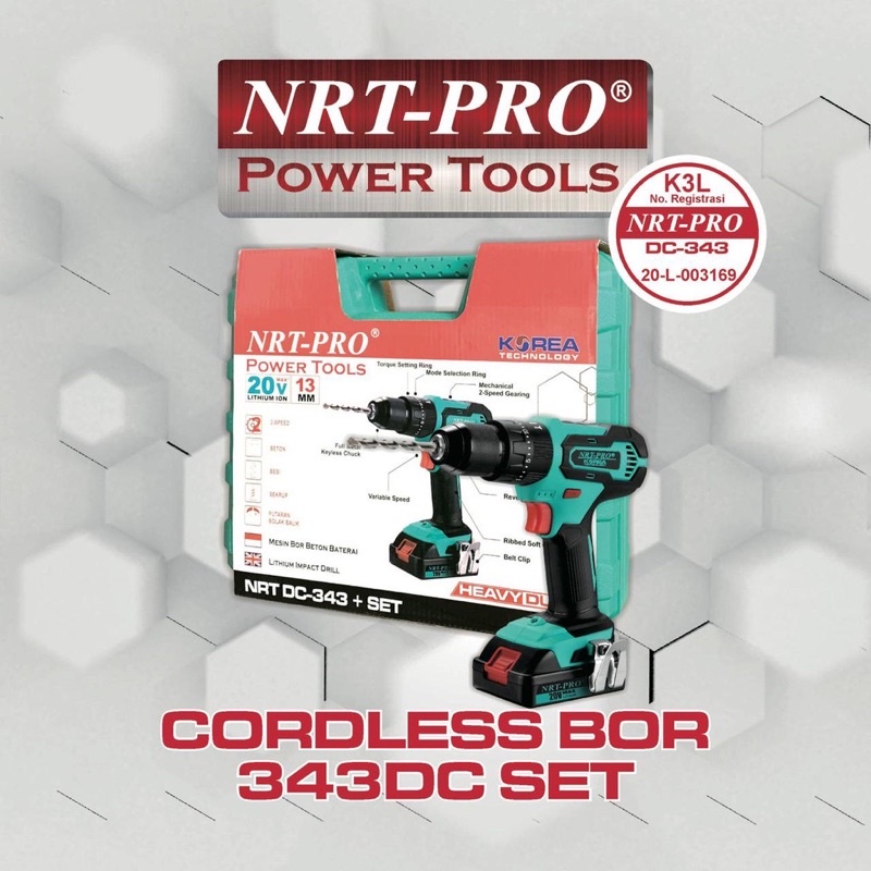 MESIN BOR TANGAN BATERAI/BOR CORDLESS/CORDLESS IMPACT DRILL NRT-PRO DC 343 SET(koper,4mta bor beton)