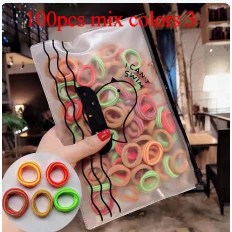 [ COD ] 100Pcs dan 50pcs Ikat Rambut + POUCH Lucu / Ikat Karet Donat Polos Warna Warni-100pcs garis