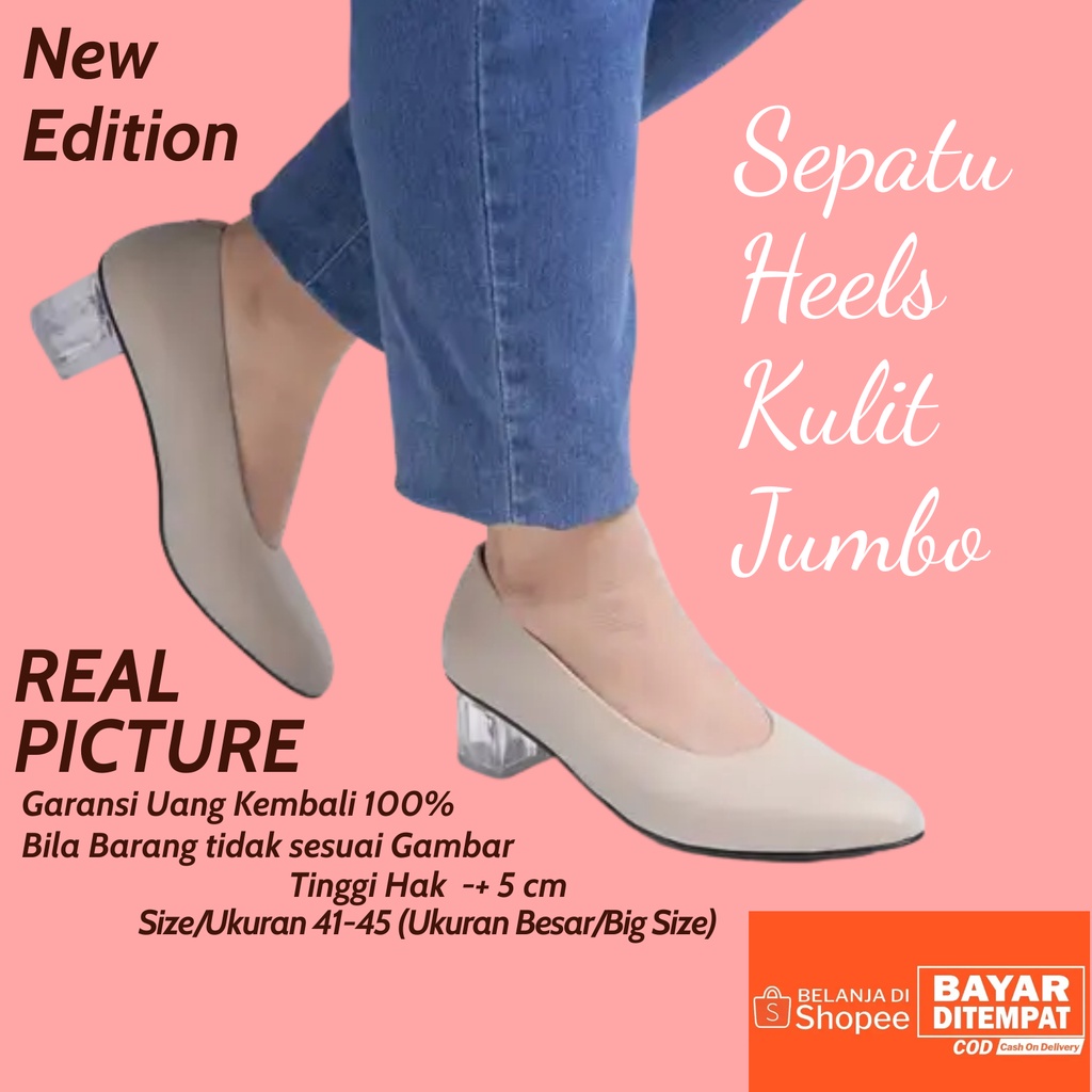Zavatu Sepatu Heels Kantor Wanita Ukuran Besar Model Hak Kaca Tipe 226 Cream Big Size Ukuran 41 42 4