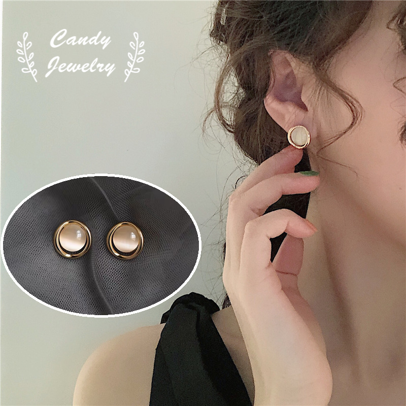 Anting Stud Bentuk Bulat Geometris Opal Gaya Korea Untuk Wanita