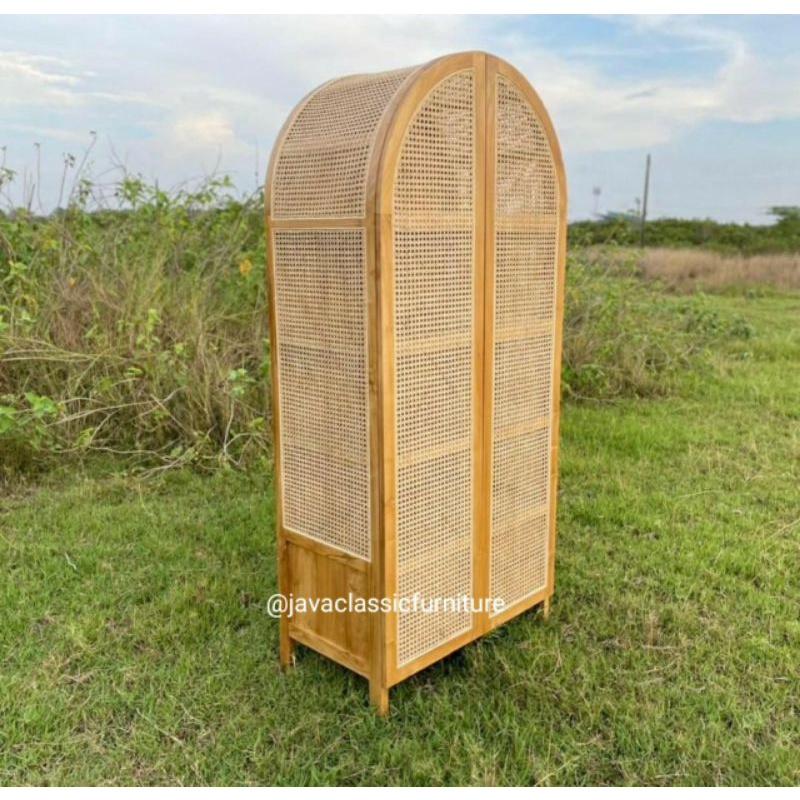 Lemari baju rotan jati minimalis almari pakaian kayu vintage retro gantung 2 pintu-1