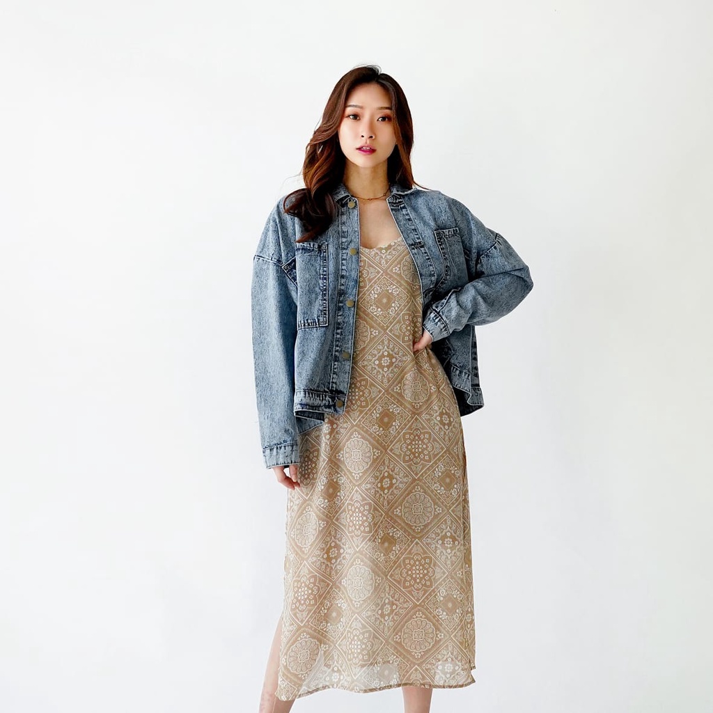 HOPYLOVY Jaket Jeans Wanita Oversize Kantong Besar Snow Acid Malorie