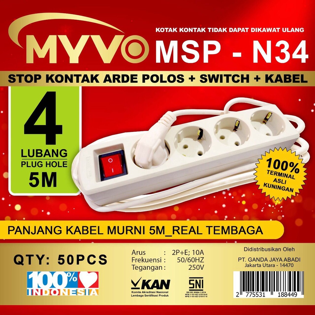 Myvo Stop Kontak Kabel 1.5 - 3 - 5 Meter 2 - 3 - 4 - 5 Lubang