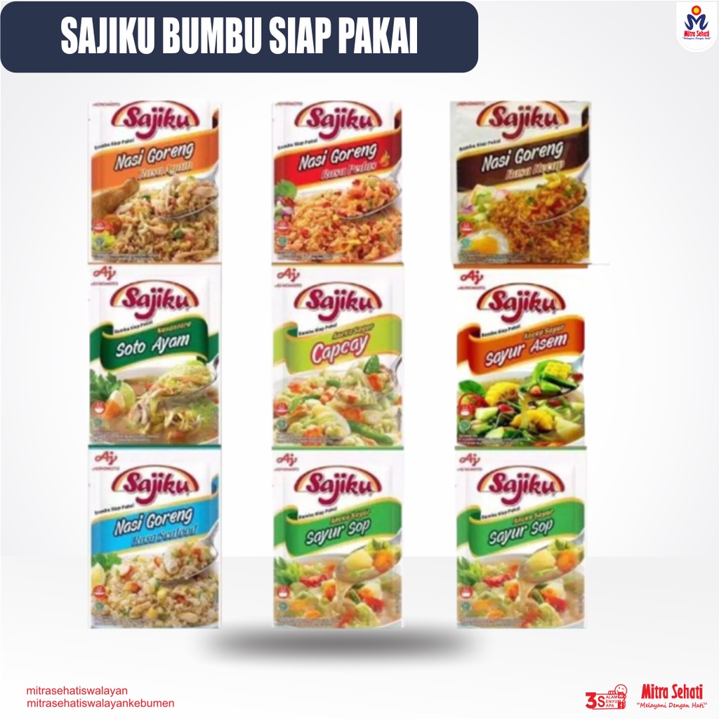 

SAJIKU BUMBU SIAP PAKAI / BUMBU SAYUR ASEM / BUMBU SAYUR SOP / BUMBU SOTO AYAM [ Mitra Sehati Swalayan ]