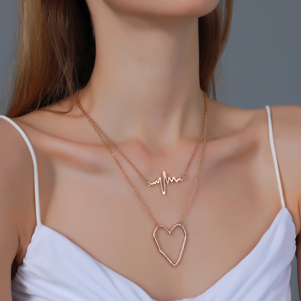 Fashion Kalung Hati Ganda Rantai Klavikula Logam EKG Yang Dipersonalisasi Hari Valentine Cinta Fashion Wanita Perhiasan