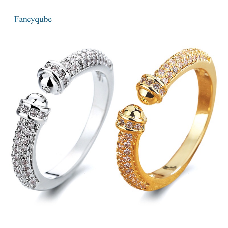 Fancyqube Cincin Model Terbuka Adjustable Bahan Metal Warna Emas Aksen Zirkon Untuk Wanita