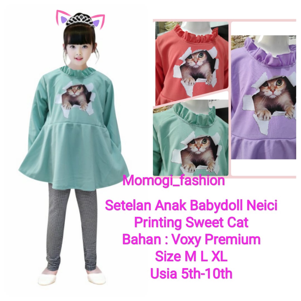 MOMOGI- SETELAN ANAK PEREMPUAN BABYDOLL/SETELAN SABLON DTF KUCING /Usia 5-10thn