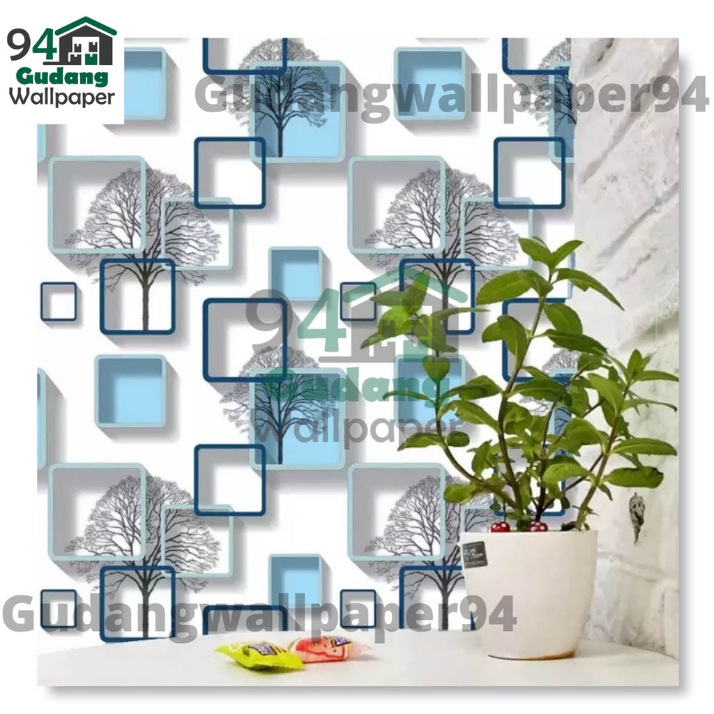 (COD) Gudang Wallpaper Sticker Dinding kamar anti air Murah Dan Terbaik Motif Kotak 3D Biru Bahan PVC Premium (SUDAH ADA LEM)