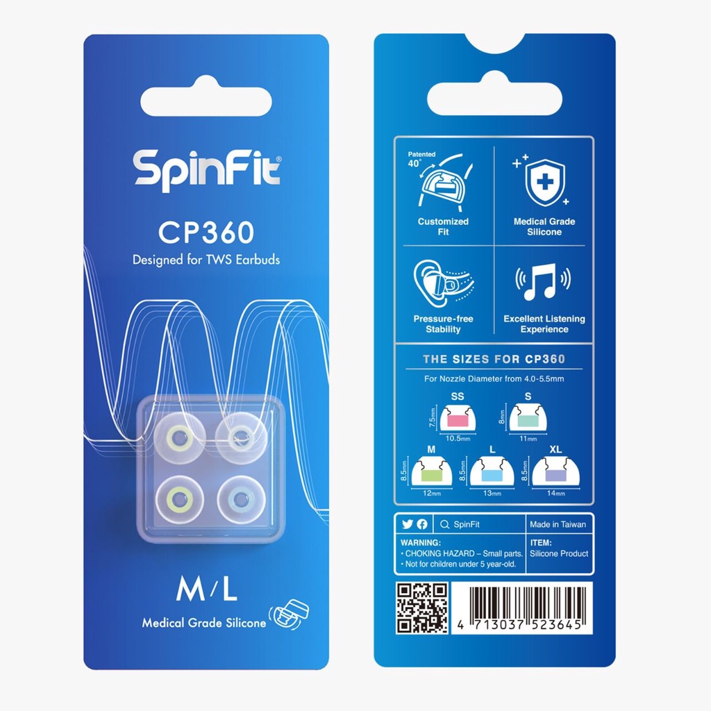 Spinfit Eartips Earpiece CP360 V2 Special for TWS - Replacement - Original CASE - Size : S/SS - M/S - L/M - XL/L