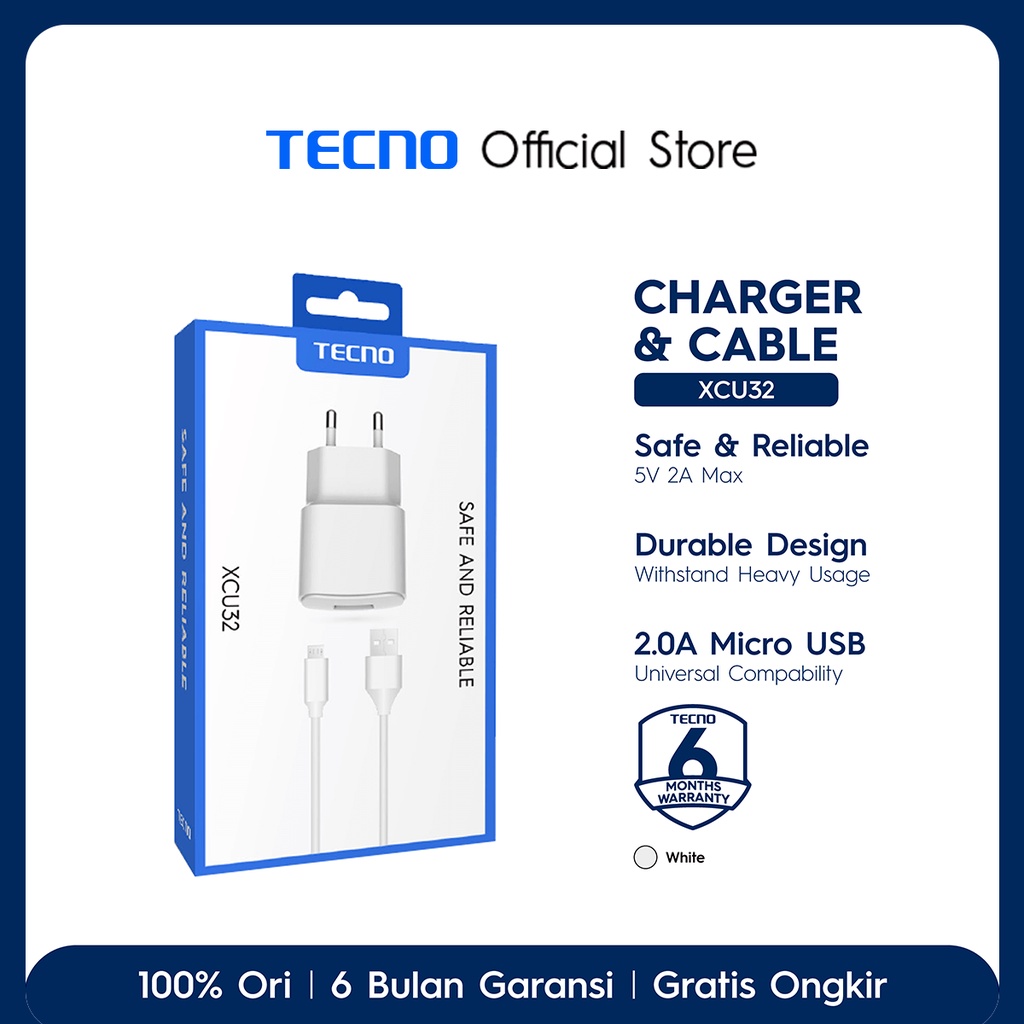 TECNO Charger + Micro USB Data Cable XCU32 [Kabel Charging Handphone Android]
