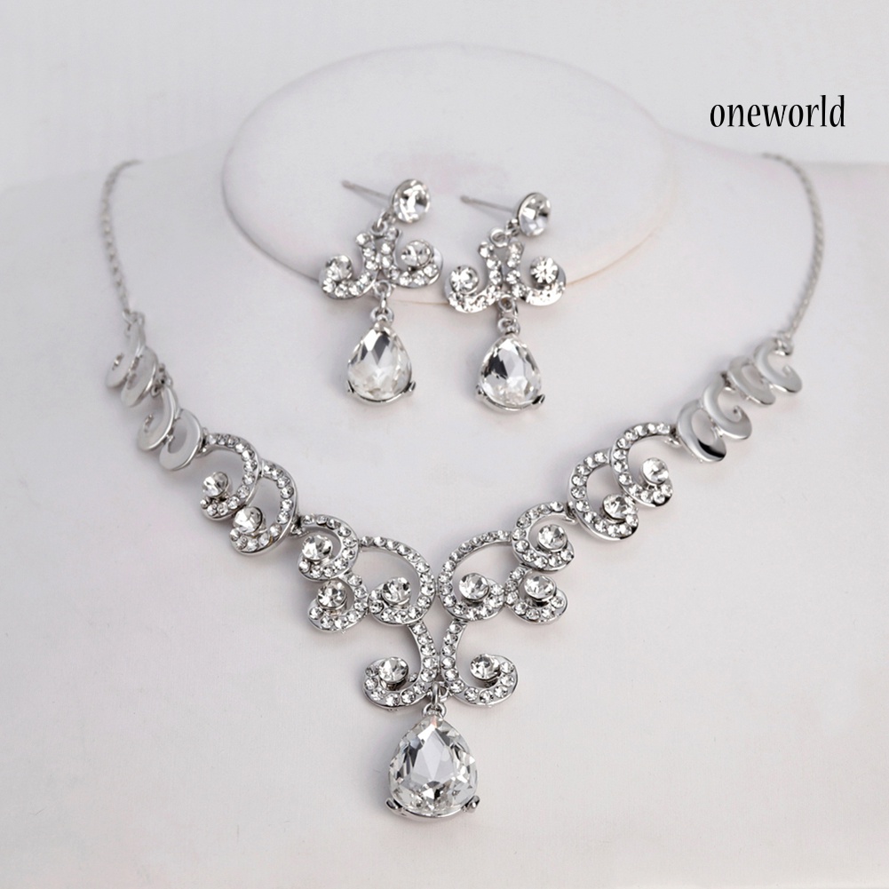 OW@ Lady Fashion Rhinestone Pendant Earrings Necklace Luxury Bridal Jewelry Set