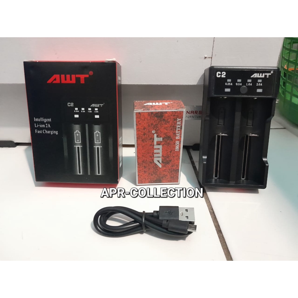 FULL SET KOMPLIT SIAP PAKAI CHARGER BATERAI AWT C2 / CHARGER C2 AWT + BATERAI AWT 18650 2 PCS